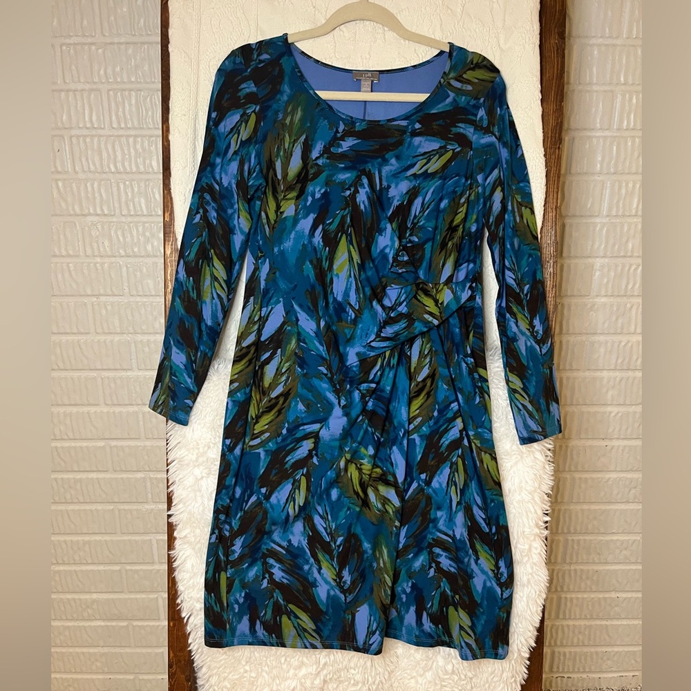 J. Jill Wearever Collection Dress Size S Stretch Blue Feather Faux Wrap Stretch
